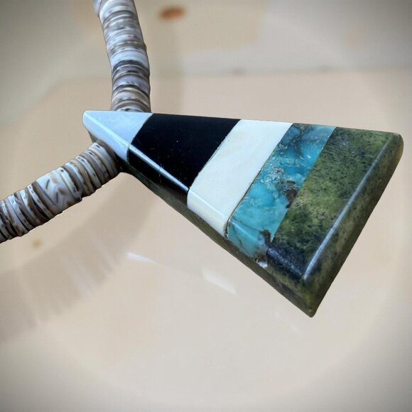 Kewa / Santo Domingo-Style Shell Heishi Necklace, Inlay Tab Pendant, 16″ - Picture 3 of 11